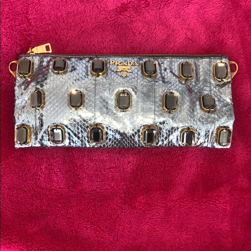 Prada Silver Python Jeweled Clutch